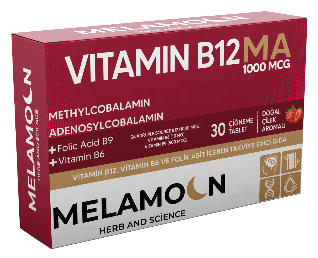 Vitamin B12, Vitamin B6 ve Folik asit içeren takviye edici gıda. 1000mcg Vitamin B12 MA